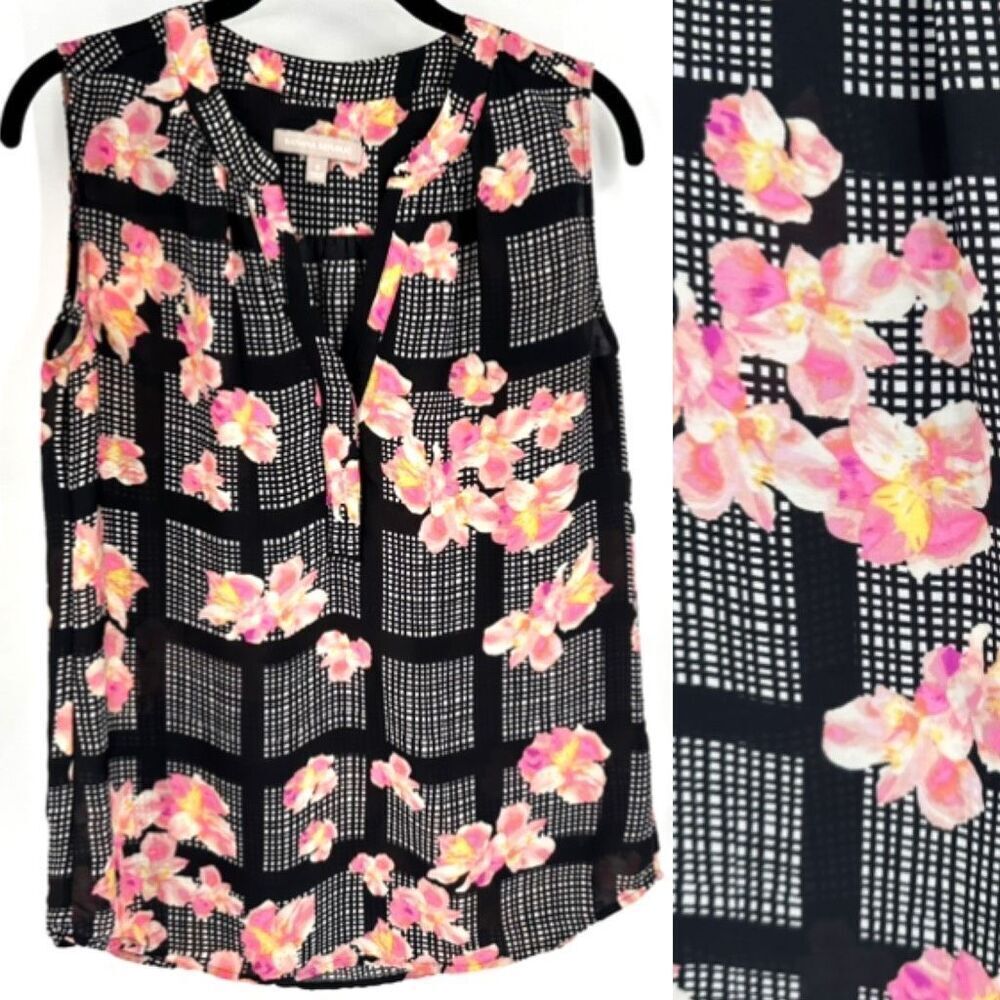 Banana Republic Women's Sleeveless Floral Plaid Blouse Size Small‎ Black & Pink